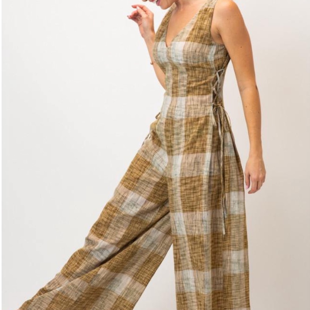 Plaid V-Neck Wide Leg Jumpsuit - Mustard Green